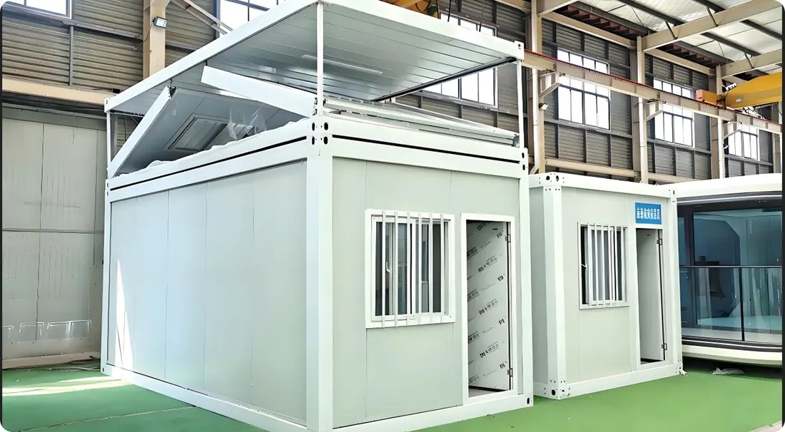 Technical exploded view diagram of a modular container building showing all structural components including roof panels, insulation, steel frame, wall panels and flooring