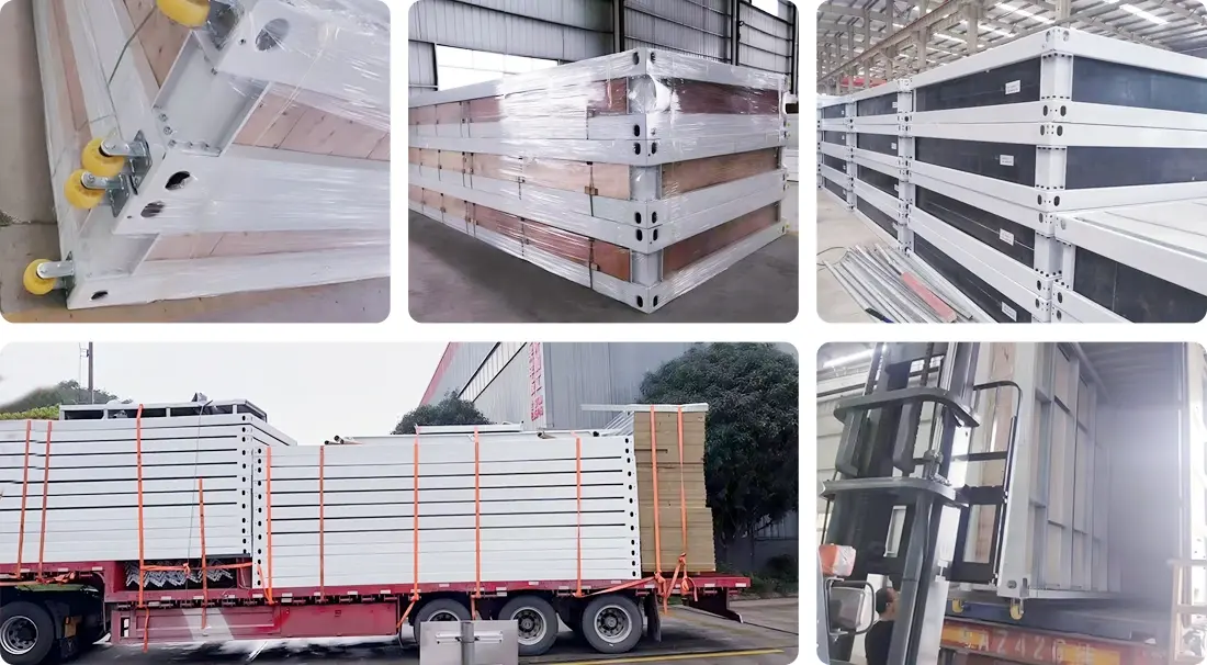 Product packaging process showing protective film wrapping, secure strapping, truck loading and container shipping of modular components Product packaging process showing protective film wrapping, secure strapping, truck loading and container shipping of modular components
