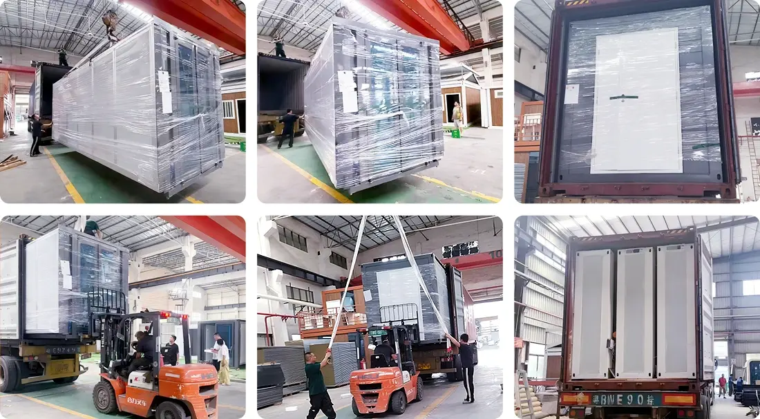 Factory shipping process with overhead cranes, forklifts and workers loading prefabricated modular units into shipping containers and trucks Factory shipping process with overhead cranes, forklifts and workers loading prefabricated modular units into shipping containers and trucks